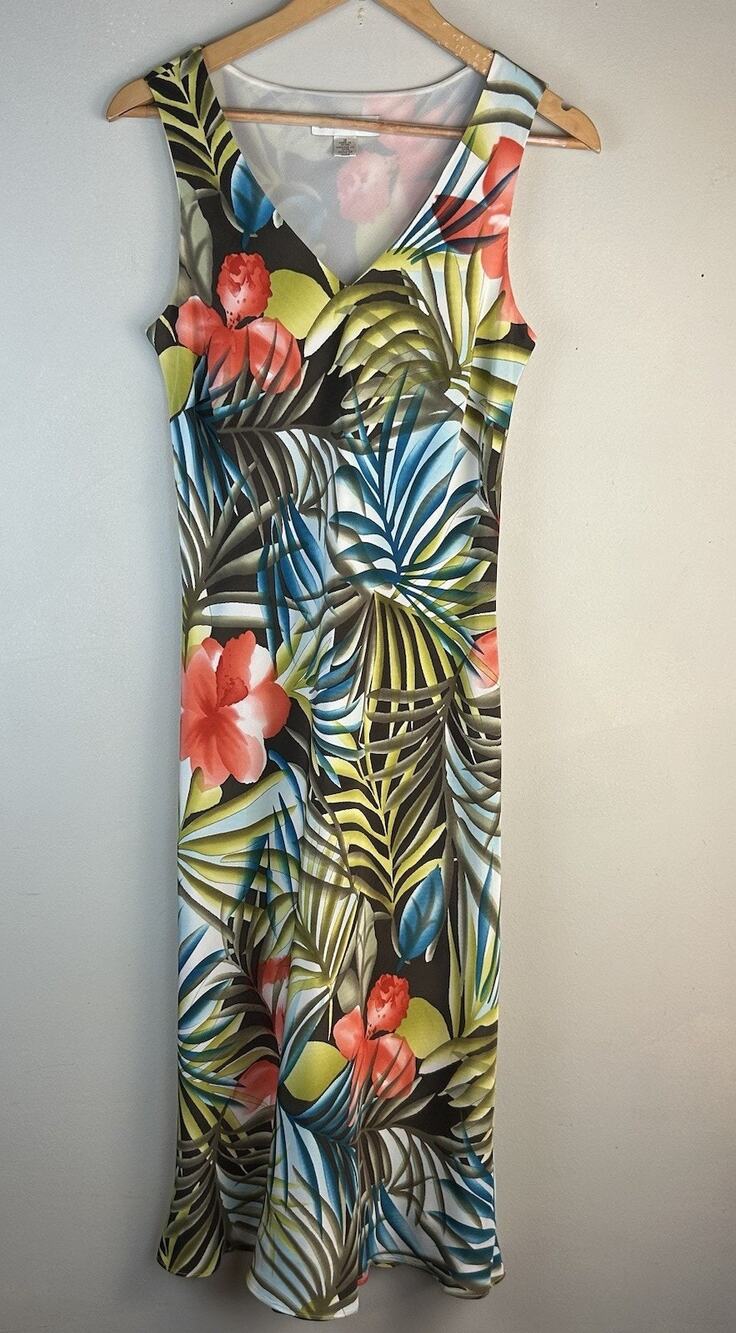 VTG Casual Corner Dress Midi Silk Lined Green Pink Palm Floral Sz 10 Travel